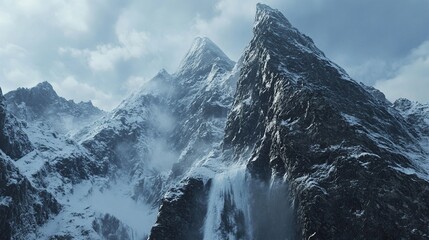 Wall Mural - Majestic snowy mountains under cloudy skies.