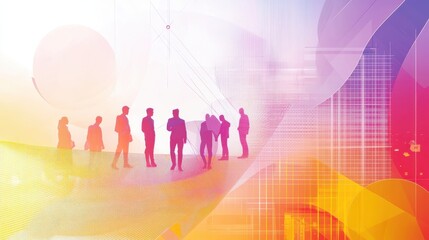 Poster - Silhouetted figures in a modern abstract design representing collaboration and communication in a vibrant digital landscape