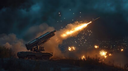 military missile launch during nighttime in a conflict zone with explosions lighting up the dark sky