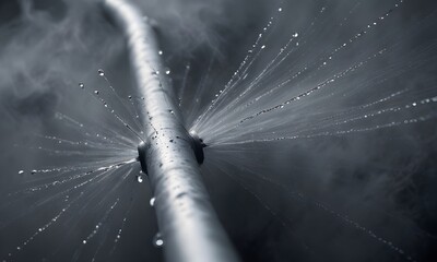 Wall Mural - A metal pipe spraying water, with water droplets visible in the air