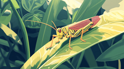 A grasshopper camouflages itself by blending into a large leaf, resting motionless, animal illustration