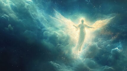 Wall Mural - heavenly figure surrounded by clouds rises softly into the blue sky at twilight, illuminated by a go
