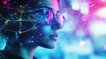Poster - A young woman wearing sunglasses reflects a digital landscape in a futuristic city at night with colorful lights and patterns