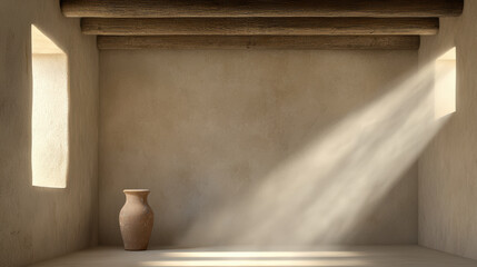 serene interior space featuring simple clay vase illuminated by soft sunlight streaming through wind