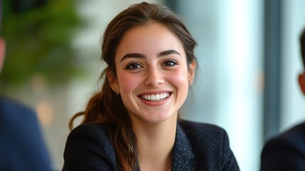 Sticker - Happy Young Woman Smiling in an Office Environment