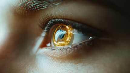 Female eye close up with smart contact lens with digital and bio-metric implants to scanning the ocular retina. Future concept and hi tech technology for computer scans of face identification