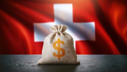 Wall Mural - Swiss Currency Symbol on Money Bag Against Flag