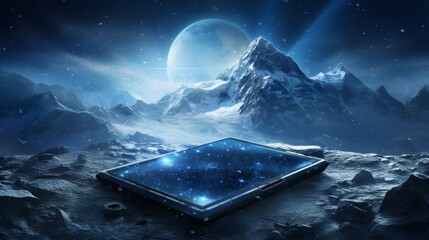 Mobile phone displaying snow capped peaks, creating a window to majestic mountain landscapes