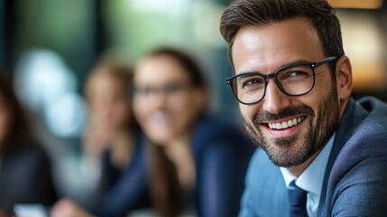 Wall Mural - Professional Man Smiling in Modern Office Setting