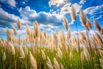 Poster - Fluffy white grass swaying in the wind under blue sky