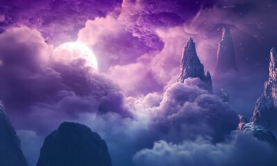 Wall Mural - Fantasy Mountain Peaks in a Sky of Clouds and Moon