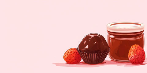 Poster - Filled truffle with a glossy finish, next to a small jar of fruit preserves, sweet illustration