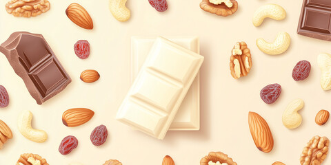 Canvas Print - White chocolate piece surrounded by nuts and dried fruits, sweet illustration