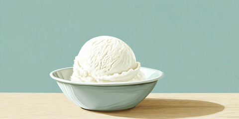 Poster - Vanilla ice cream scoop in a shallow dish on a table, no toppings, sweet illustration