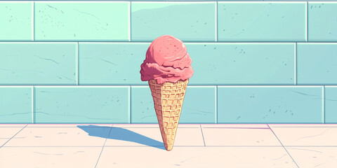 Wall Mural - Single scoop of sorbet in a waffle cone on a countertop with no decorations, sweet illustration