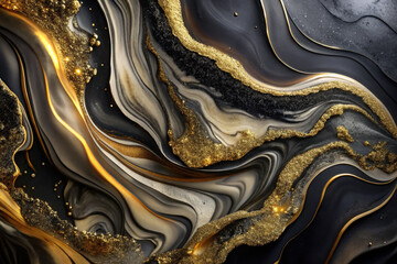 Elegant abstract art featuring swirling black, gold, and white hues on a luxurious textured background during modern design. Generative AI