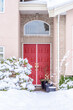 Entrance of grey painted luxury house with nice landscape at winter in Vancouver, Canada, North America. Day time.