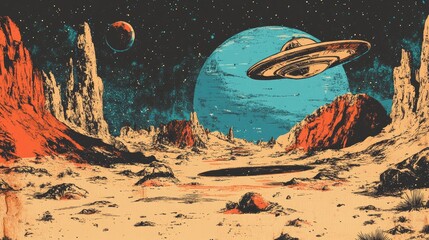 a vintage style illustration depicting a ufo flying over a desert planet with a large crater in the 