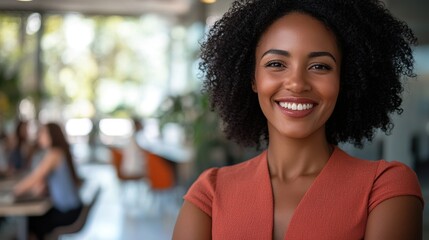 Poster - Confident Woman Smiling in Modern Office Space