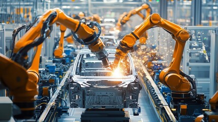 Canvas Print - Robotic arms welding car frames in an automated manufacturing facility during the assembly process