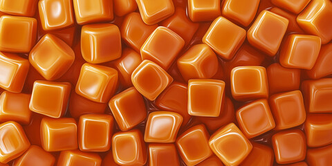 Poster - Collection of caramel candies placed in an organized pile on a flat, reflective surface, sweet illustration