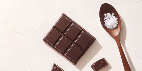 Dark chocolate piece next to a spoon of sea salt, sweet illustration