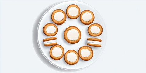 Poster - Sandwich cookies placed in a circle on a white plate, ready for dessert, sweet illustration