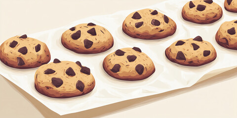 Canvas Print - Row of drop cookies on parchment paper, ready to be transferred, sweet illustration