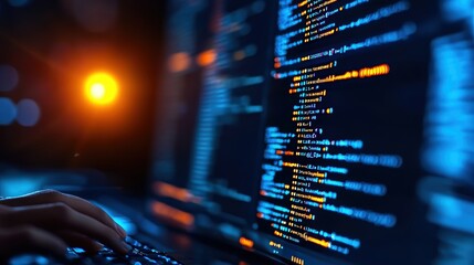 Code on Screen with Hands Typing in Dark Environment