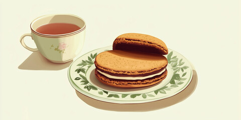 Poster - Single sandwich cookie on a small ceramic plate next to a cup of tea, sweet illustration