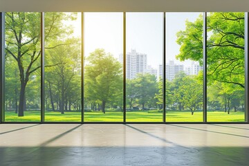 Wall Mural - Large window see city park in morning architecture building outdoors.