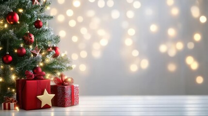 Wall Mural - christmas and new year background - gift boxes and stars near decorated christmas tree and copy spac