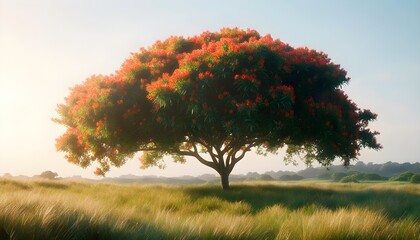 Wall Mural - Majestic Solitary Tree Silhouetted Against a Vibrant Sunset in an Expansive Field