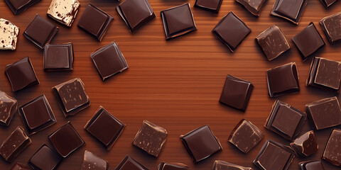 Poster - Dark chocolate squares arranged in a circle on a wooden board, sweet illustration