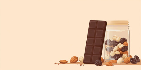 Wall Mural - Milk chocolate bar resting against a jar of nuts and dried fruit, sweet illustration