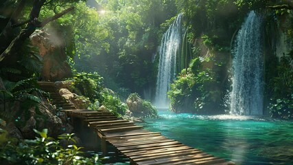 Wall Mural - animation serene tropical waterfall with wooden bridge in jungle generated with ai