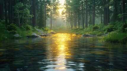 Wall Mural - Golden Hour in the Forest: Tranquil River Scene