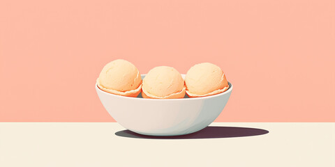 Wall Mural - Three sorbet scoops in a neat line inside a bowl on a table with no utensils, sweet illustration