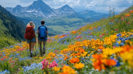 Sticker - Backpackers Hike Through a Field of Wildflowers