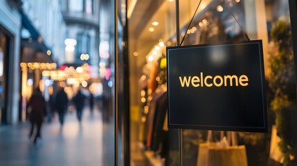 Glass storefront entrance featuring a bright welcome sign with people walking in the busy city street