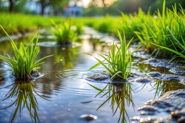 Poster - Close-up of green grass reflecting on water puddle