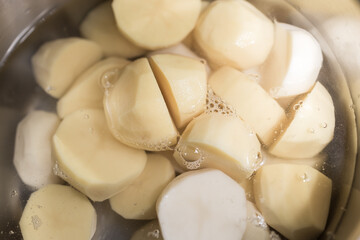 sliced potatoes in water