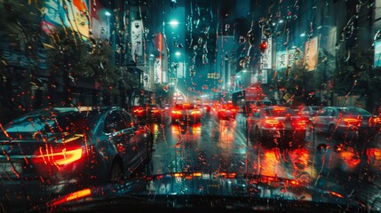 Poster - Captivating night view from an open car window with rain streaked windshield and vibrant city lights