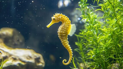 A yellow seahorse swims in an aquarium tank, surrounded by green aquatic plants and rocks.