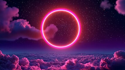 Wall Mural - Glowing neon circle illuminating starry night sky over clouds