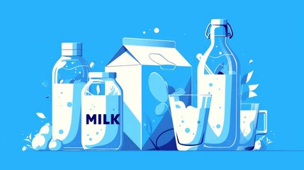 milk cartons and glasses on a blue background featuring bold 