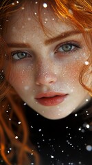 Poster - Close-up Portrait of a Woman with Red Hair and Freckles in the Snow