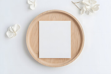 Sticker - Greeting card or invitation card with white dry flower leaves on wood plate or tray in white background, top view