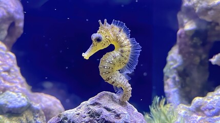 A yellow seahorse with brown spots stands on a rock in a blue aquarium.