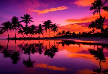 stunning tropical beach sunset showcasing silhouetted palm trees colorful sky, colors, orange, light, evening, water, sand, coast, reflection, nature